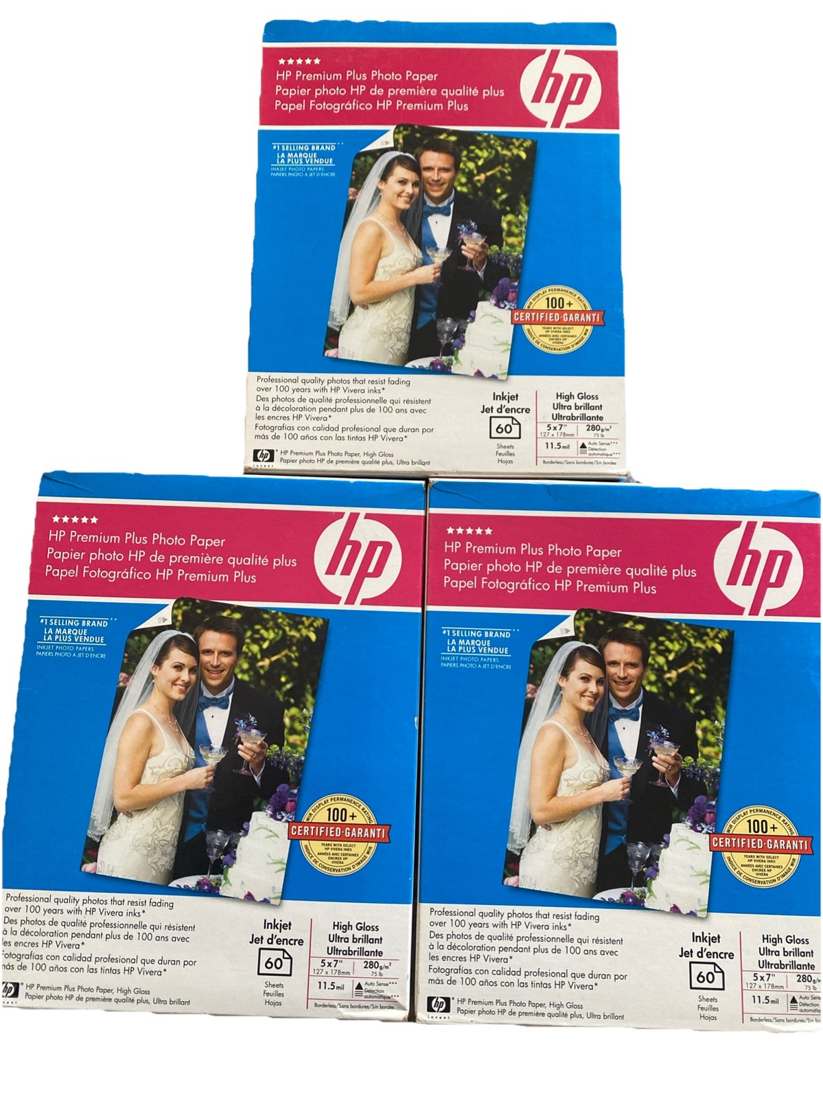 Lot 3 HP Premium Plus Photo Paper High Gloss 5×7” TTL 180 Sheets – Inkjet