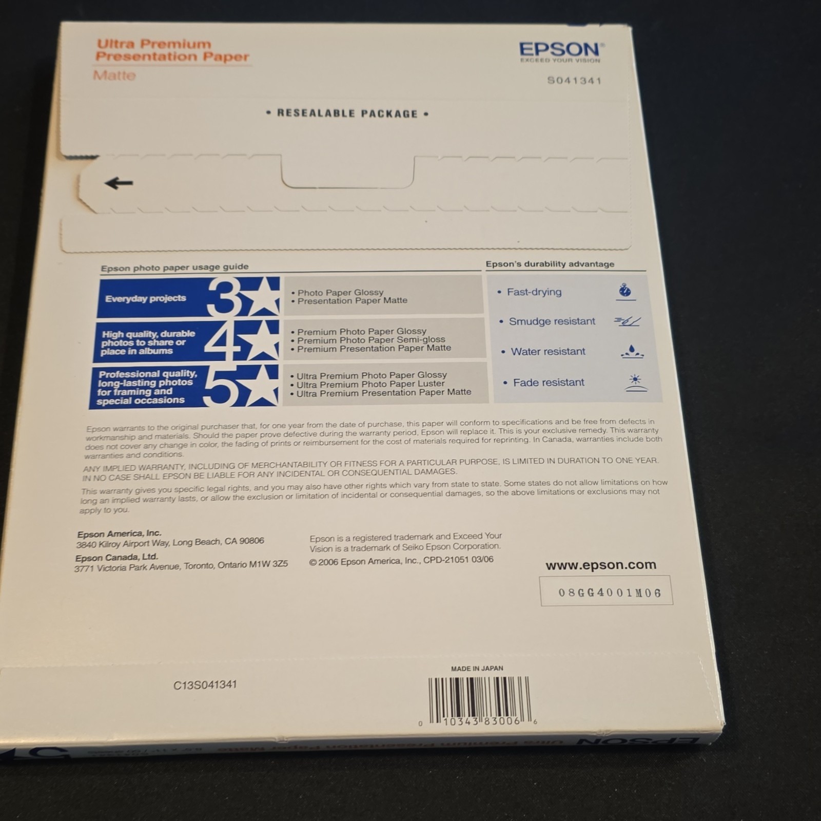 Epson Ultra Premium Presentation Matte Paper Letter 8.5×11 51lb 50 S041341