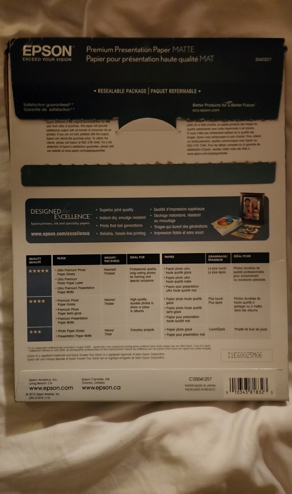 EPSON MATTE PREMIUM PHOTO PAPER 8.5″ x 11″ C13S041257 40 SHEETS