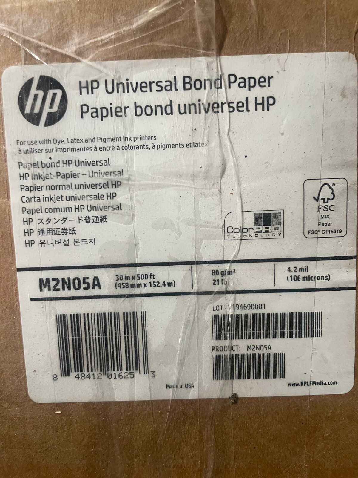 HP Universal Bond Paper, 3-in Core – 30in x 500ft M2N05A