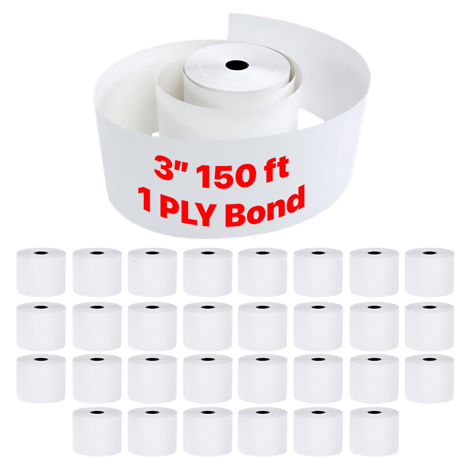 Pokanic 3″ x 150′ 1 Ply Bond [30 Rolls] White Paper Kitchen Receipt POS