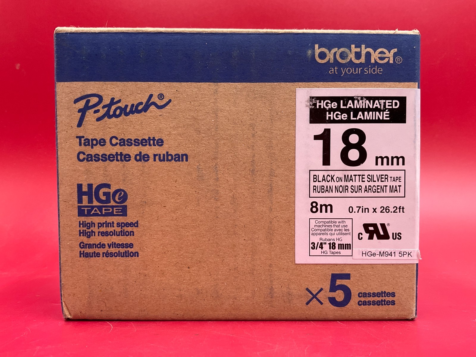 Brother P-Touch HGe Adhesive Tape Cassette 18mm Black on Matte Silver 5 pack