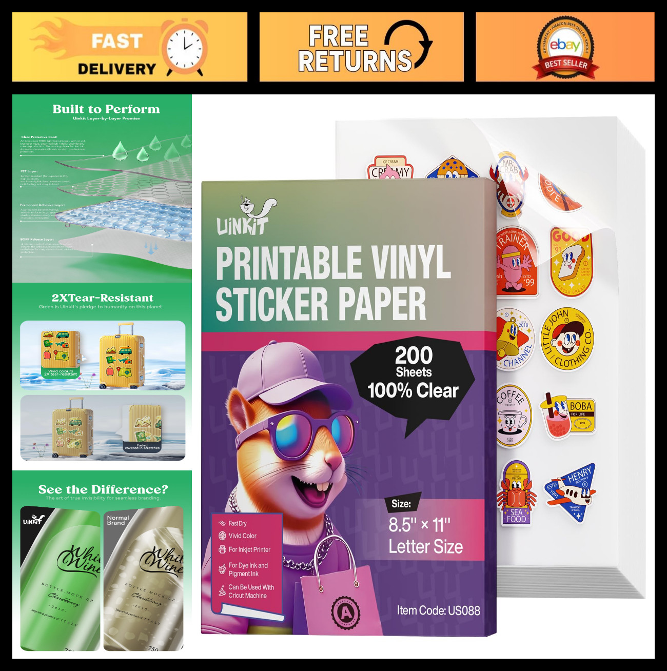 Inkjet PET Label Paper A4 8.5×11″ – Matte White/Clear, 15-200 Sheets, Glossy Fin