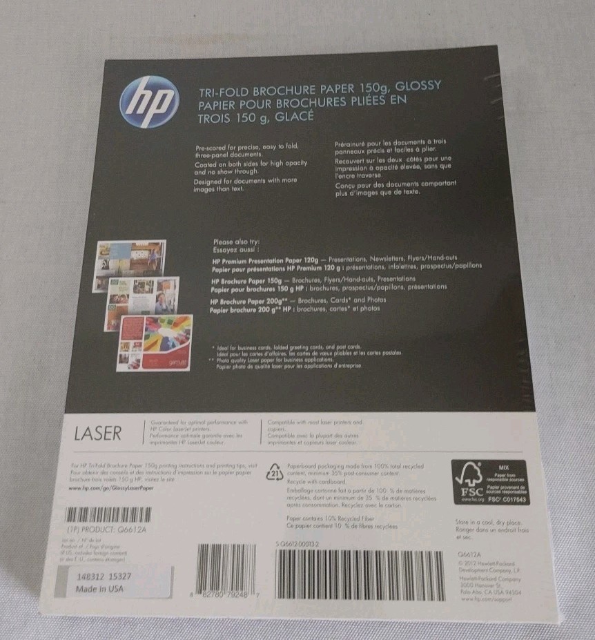 HP Laser Glossy Tri-Fold Brochure Paper 150g 40b 150 Sheets Q6612A