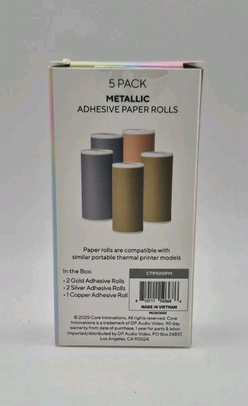 Core Innovations 5 Pack Metallic Adhesive Thermal Paper Rolls Gold Silver Copper