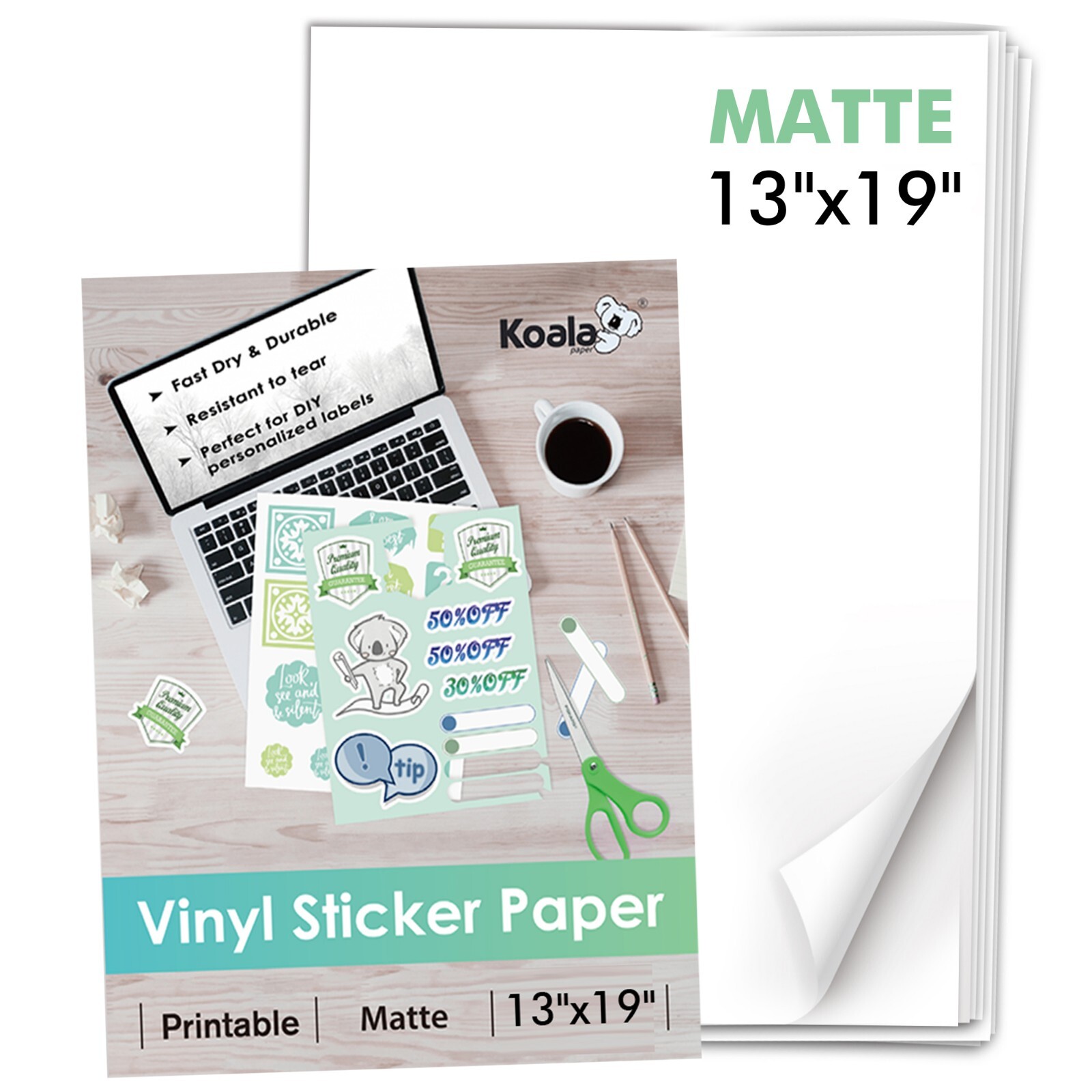 Koala Printable Vinyl Sticker Paper 13×19 Waterproof Matte Inkjet Laser 30PK