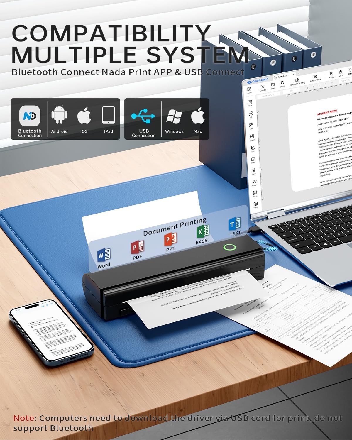 NDYIN Portable Printers Comes with a roll of US Letter paper(7m/roll), Black