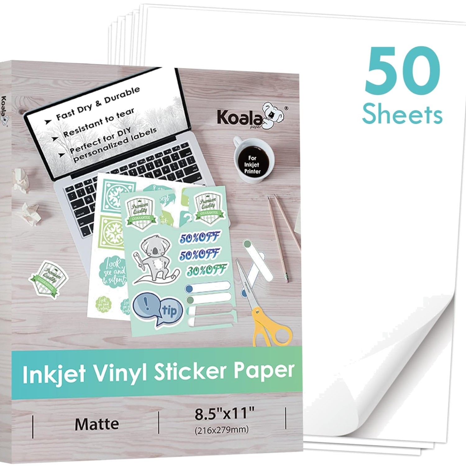 Koala Printable Vinyl Sticker Paper for Inkjet Printer – 50 Sheets Matte Whit…
