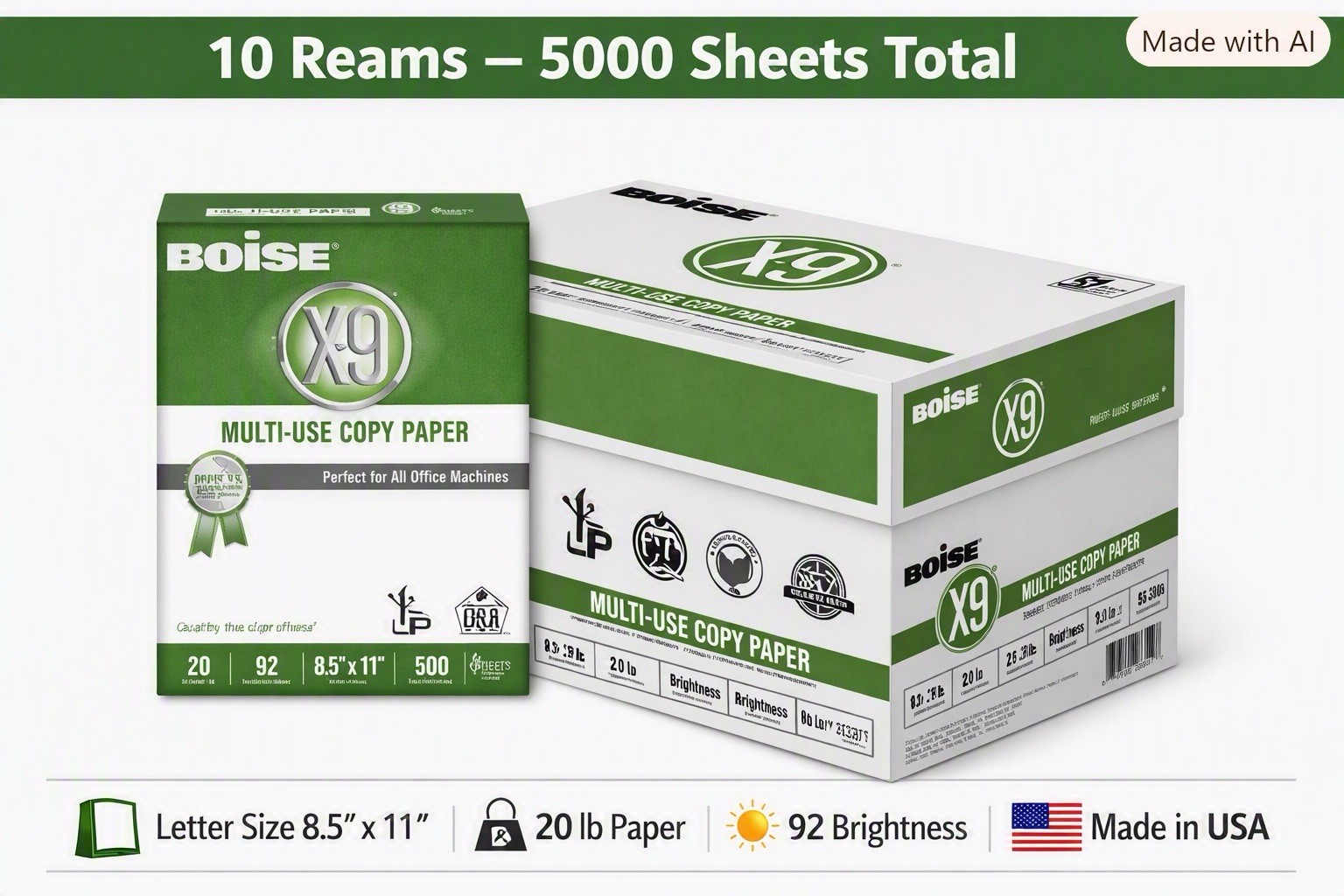 Boise X-9 MultiUse Copy Paper Case Letter Size, 5000 Sheets, 20 Lbs, 10 Reams