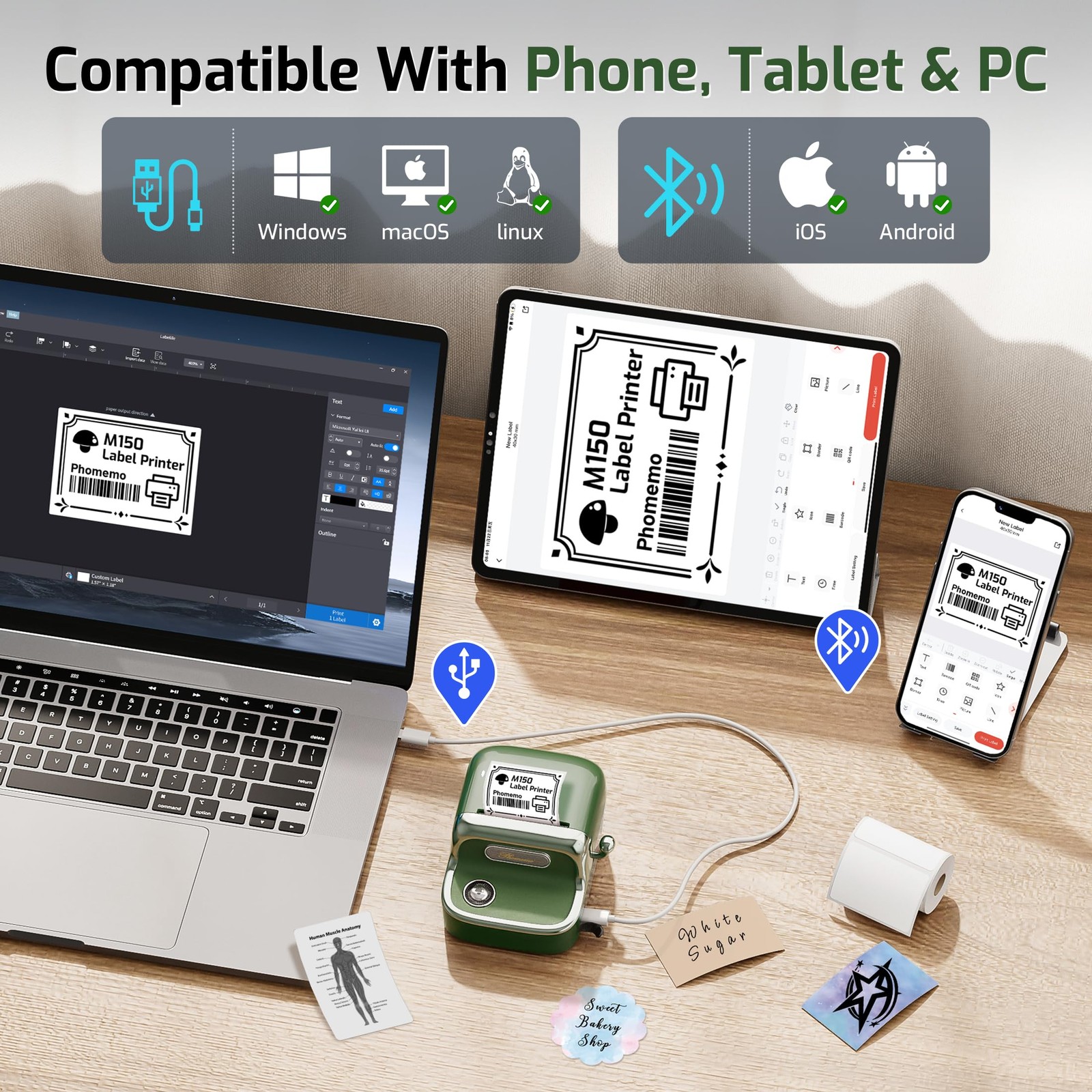 Phomemo M150 Label Maker, Bluetooth Thermal Maker 2 Inch (Small), Green