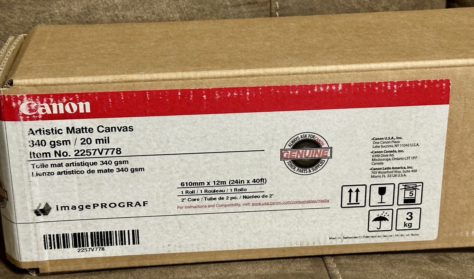 Canon Artistic Matte Canvas Inkjet Print 340gsm 24”x40’Roll NEW IN BOX UNOPENED
