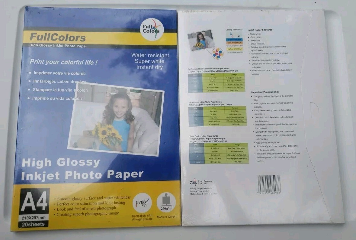 FULL COLORS A4 High Glossy Photo Inkjet Paper 240g/m -20 Sheets