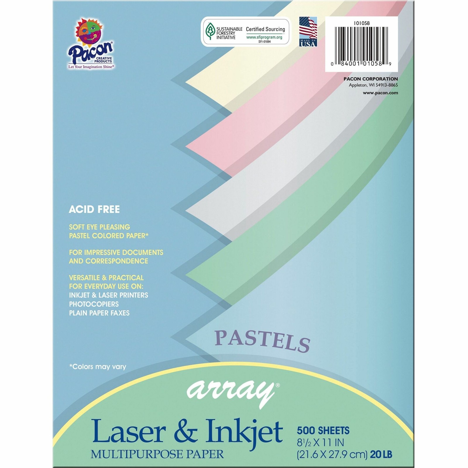 Pacon PAC101058 Array Bond Paper 8.5×11 20lb Assorted Pastels 500 Sheets