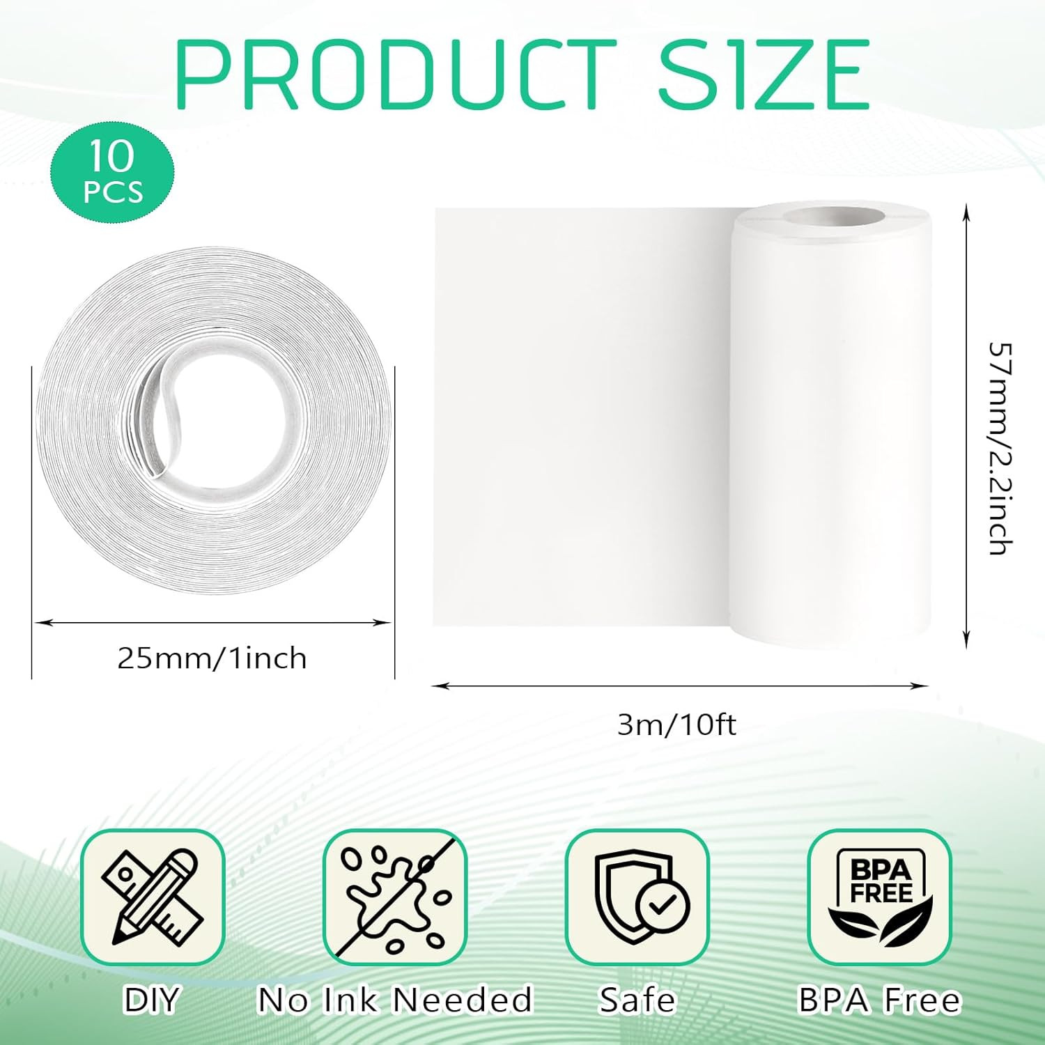 10 Rolls Mini Thermal Printer Sticker Paper, 57 X 25Mm Self-Adhesive Thermal Pap