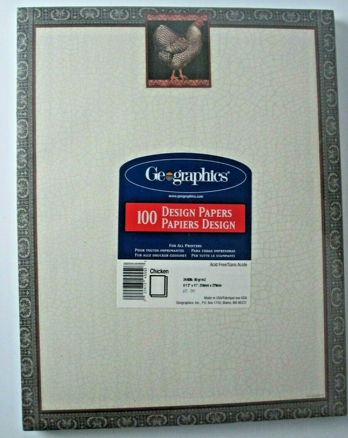 Geographics 100 Design Papers 8 1/2 X 11 inch All Printers Acid Free Chicken New