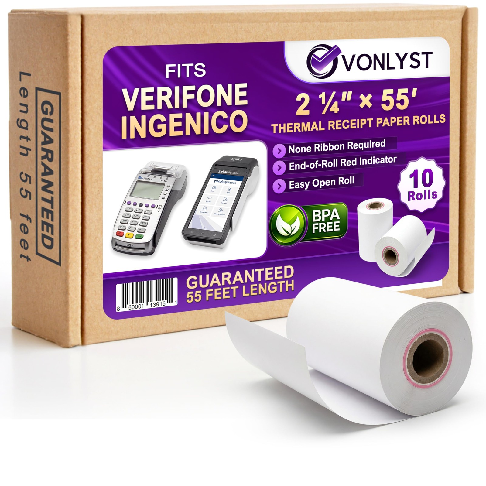 Verifone & Ingenico Thermal Paper Rolls 2 1/4″ x 55′ (10 10 rolls, White
