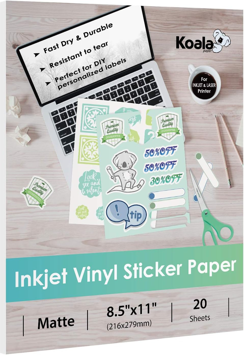 Printable Vinyl Sticker Paper for Inkjet Printer – 20 Sheets Matte White Vinyl S