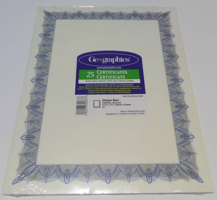 Pack of 25 Geographics Unique Blue Certificates with Gold Seals 8-1/2″ x 11″