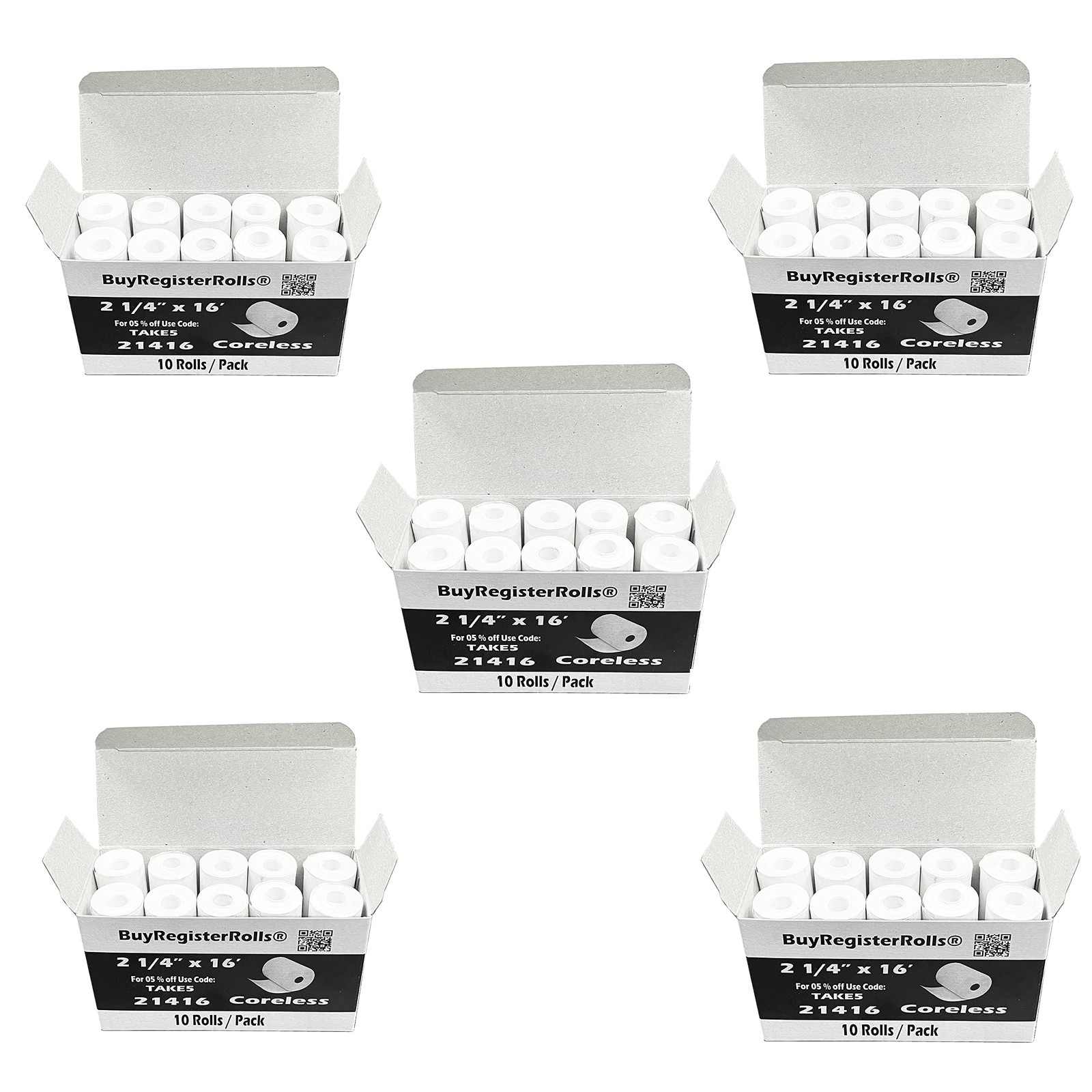 BuyRegisterRolls (50 Rolls) 2 1/4 x 16 Thermal Paper Rolls Coreless White