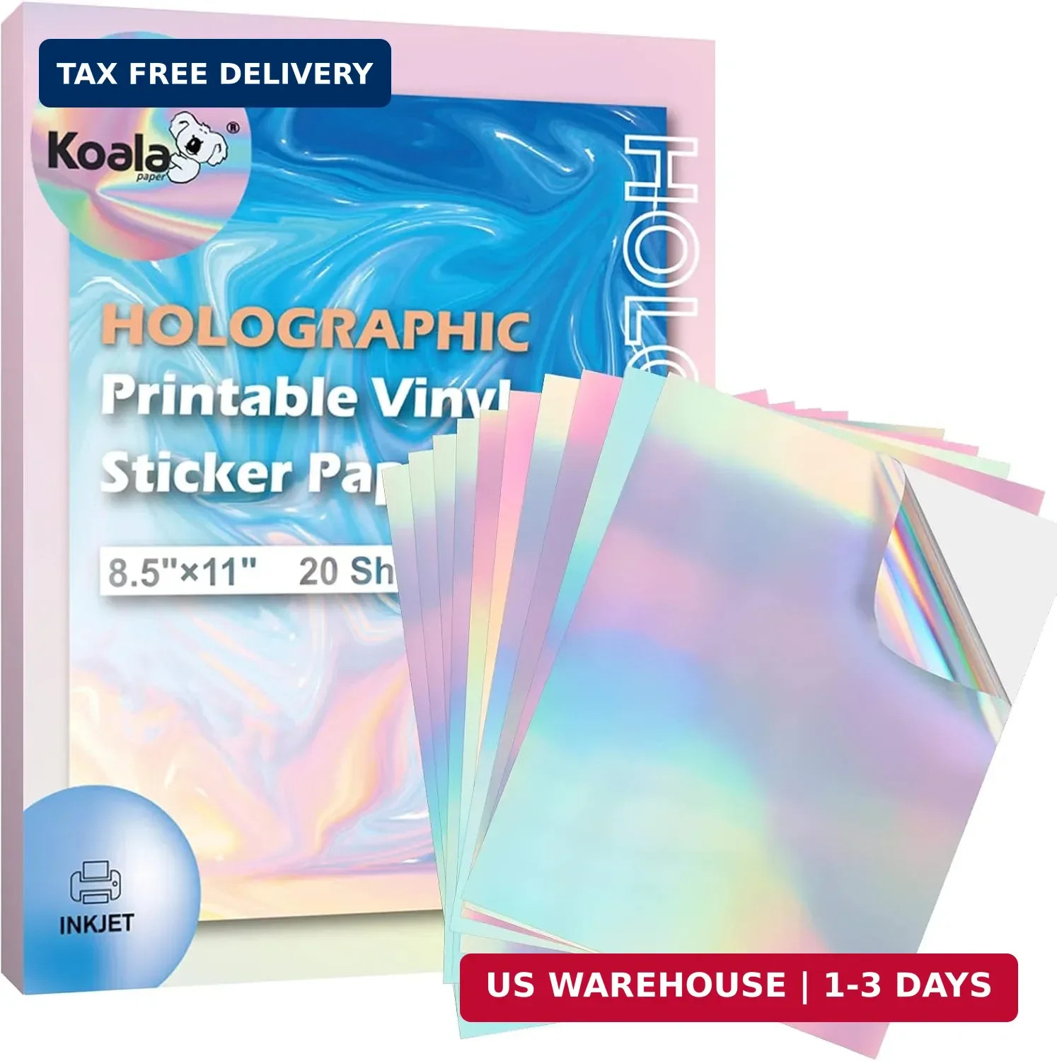 Koala Holographic Sticker Paper for Inkjet Printer – 20 Sheets 8.5×11 Inch, Rain