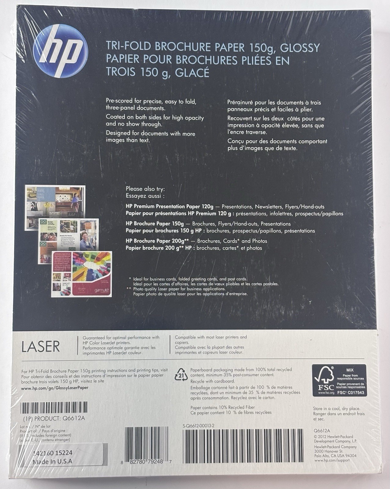 HP Laser Glossy Tri-Fold Brochure Paper 150g 40b 150 Sheets Q6612A