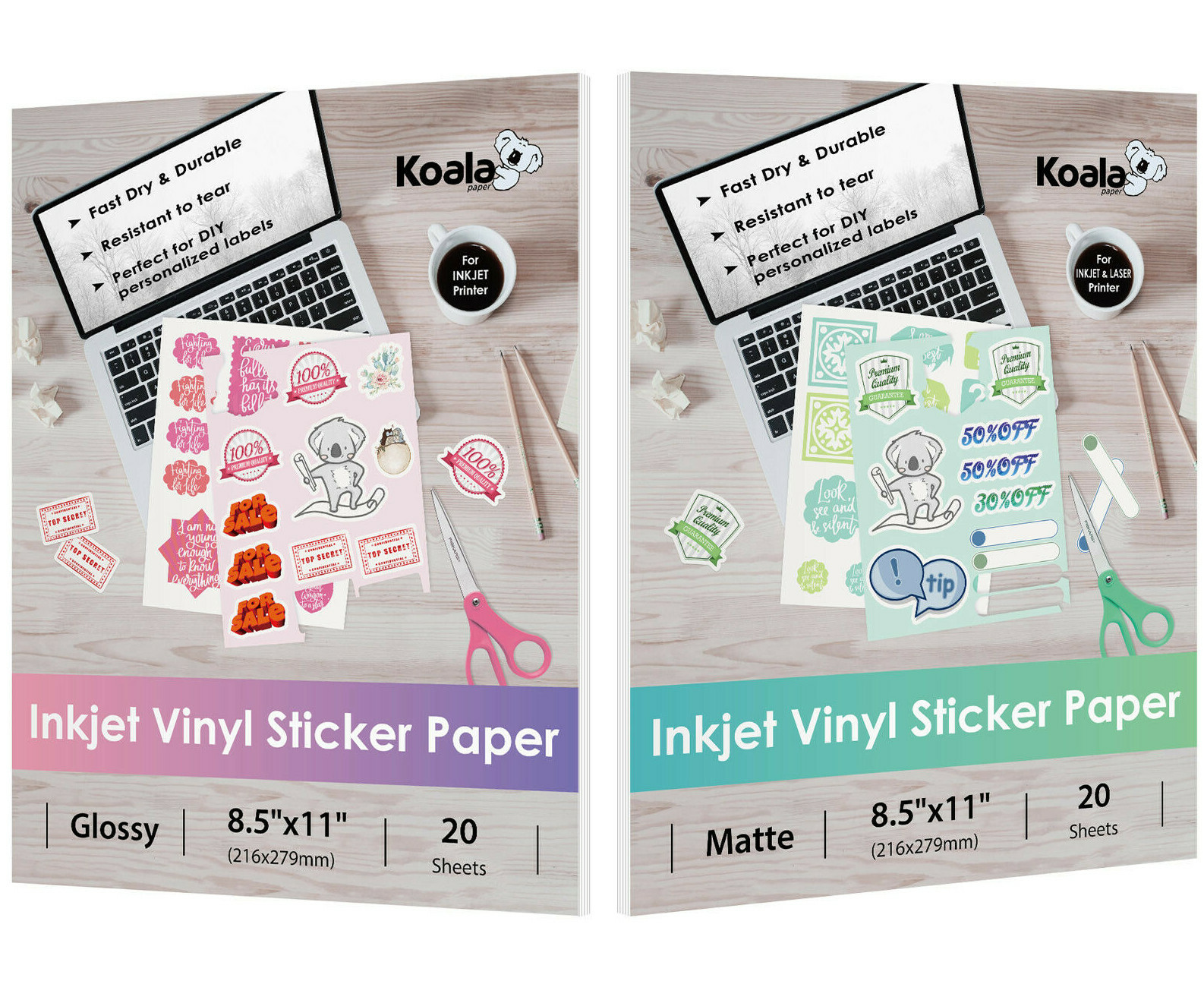 40 Pk Mixed Koala Glossy + Matte Printable Vinyl Sticker Paper for Inkjet Laser