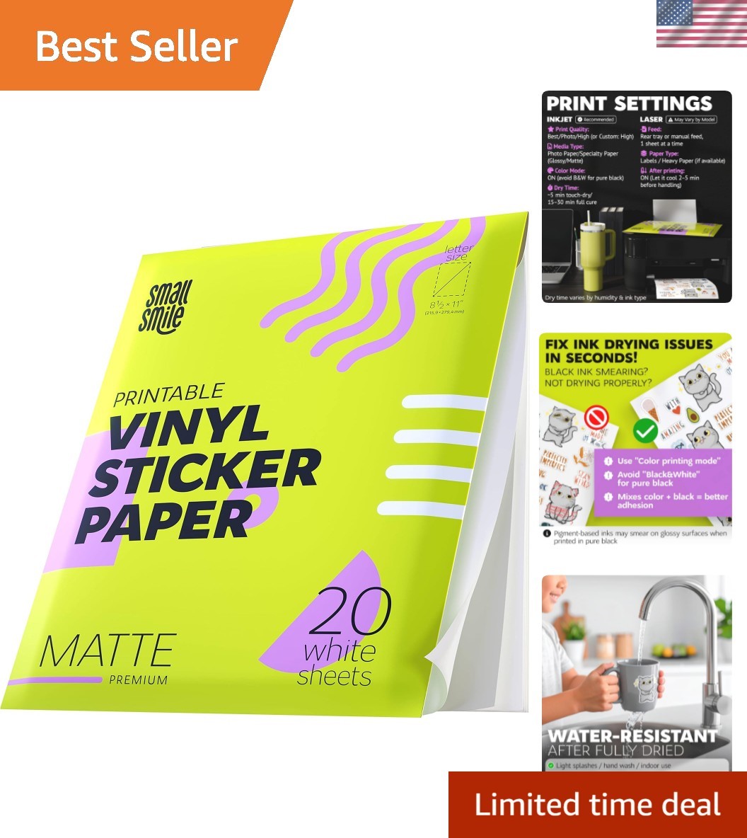 Printable Vinyl Sticker Paper for Inkjet Printer and Laser – 20 White Matte S…