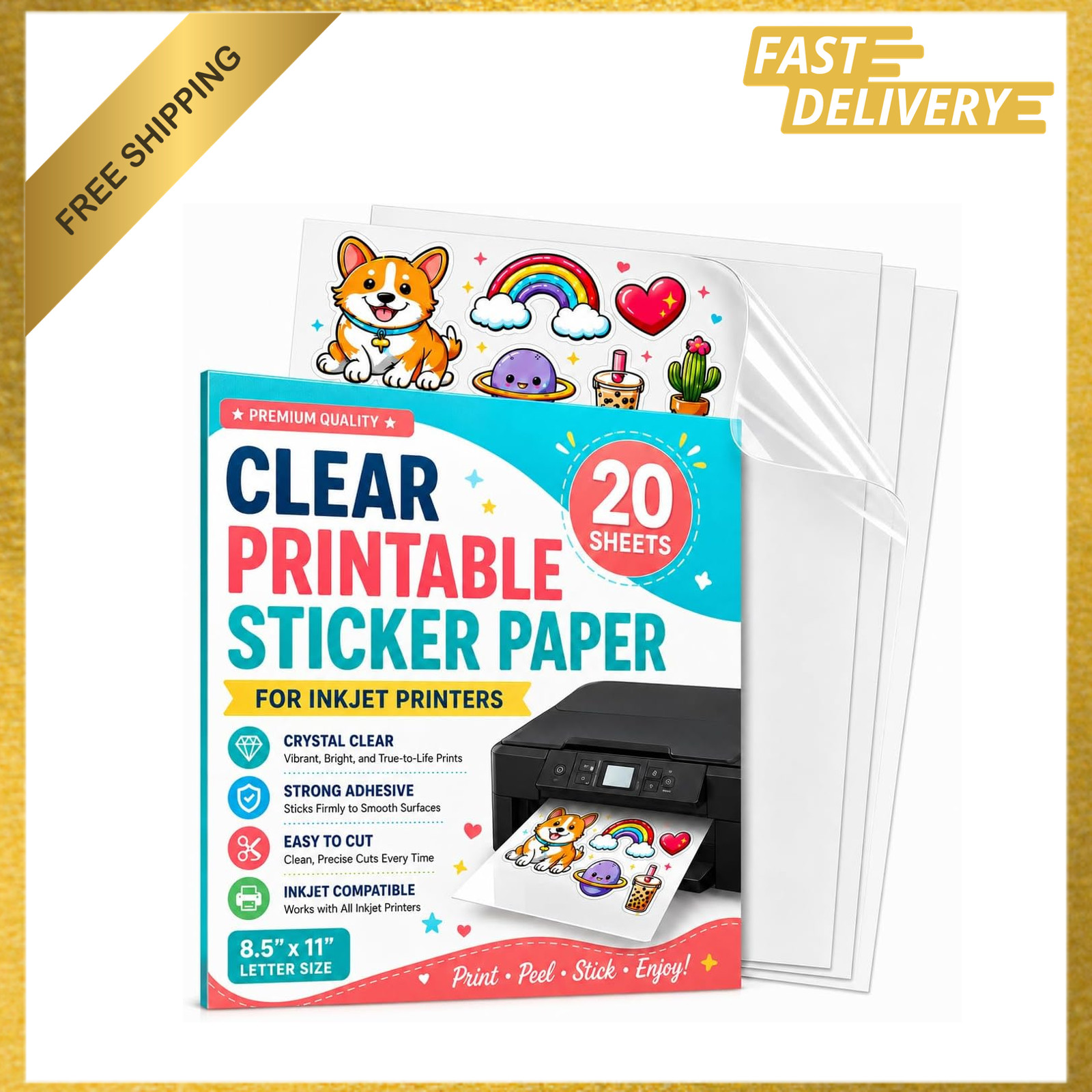 Printable Crystal Clear Vinyl Sticker Paper 20 Sheets 8.5×11 Inch Transparent