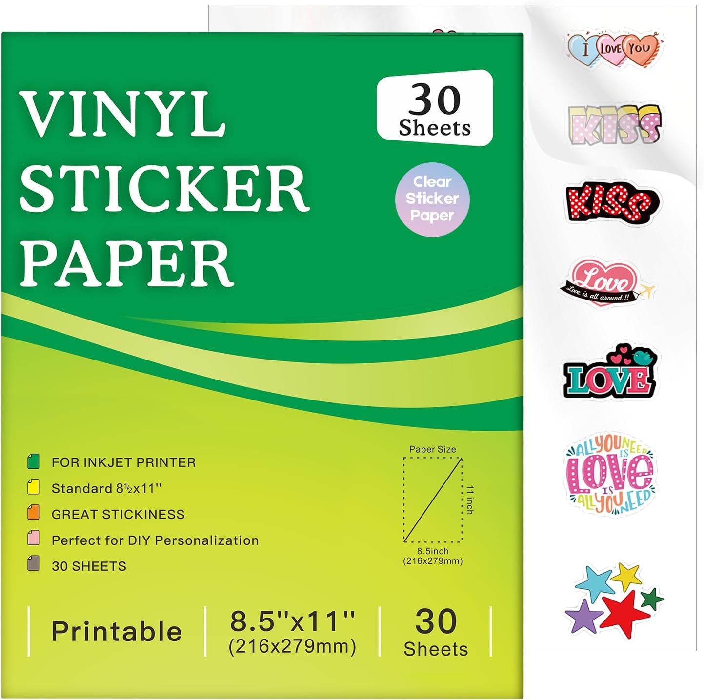 30 Sheets Printable Clear Sticker Paper for Inkjet Printer, Premium Vinyl Transp