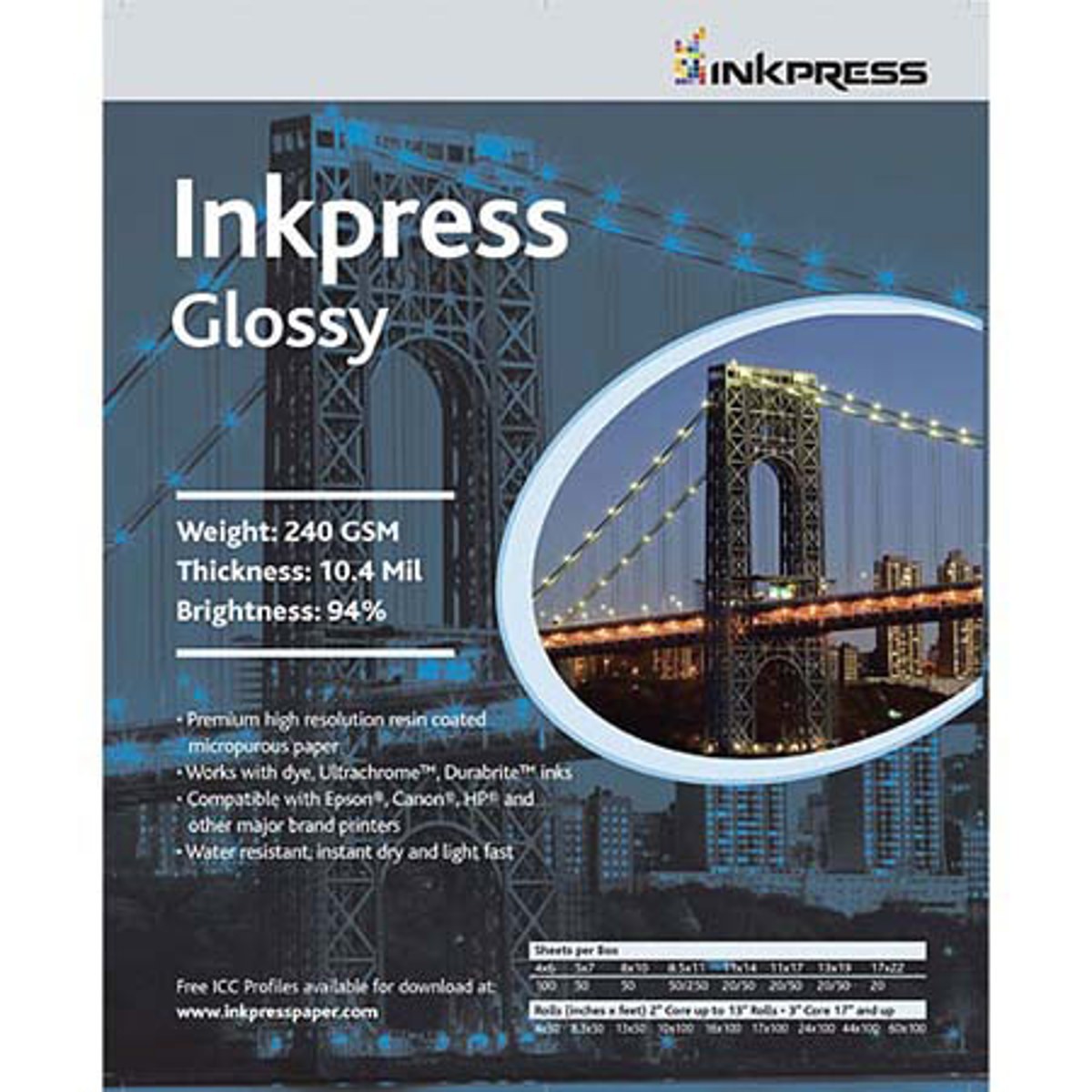 Inkpress INKPRESS MEDIA Gloss 240 GSM, 10.4 Mil, 94 Percent Bright Paper (#PCUG4
