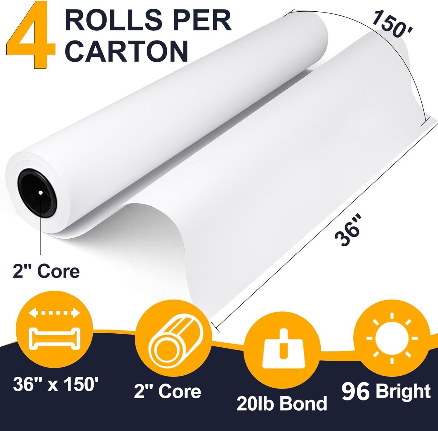 ACYPaper 36” x 150′ Plotter Paper -4 PK- 20LB Bond Wide Format CAD Ink Jet Rolls