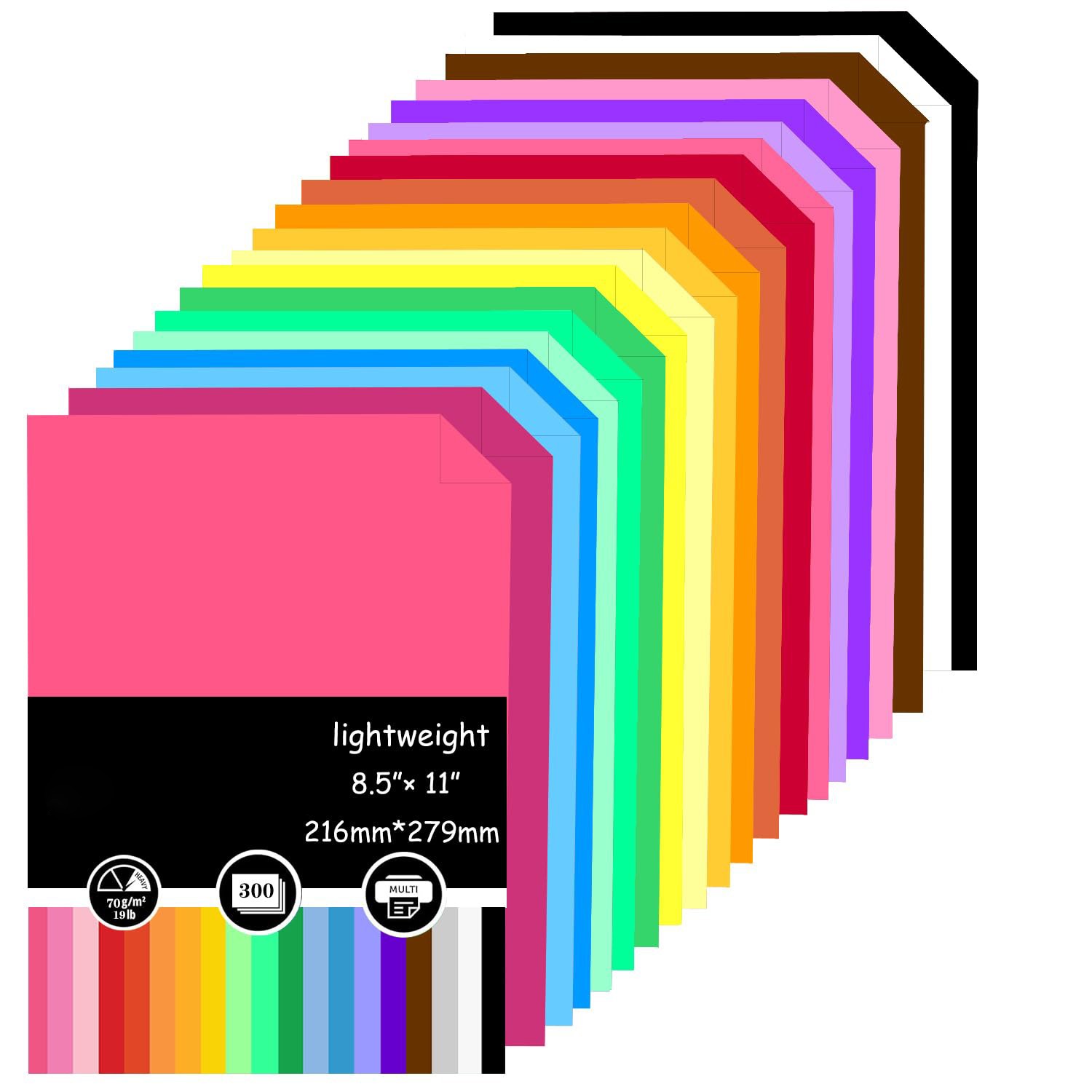 Colored Printer Paper, 300 Sheets, 20 Assorted Colors, Double Sided, 70gsm