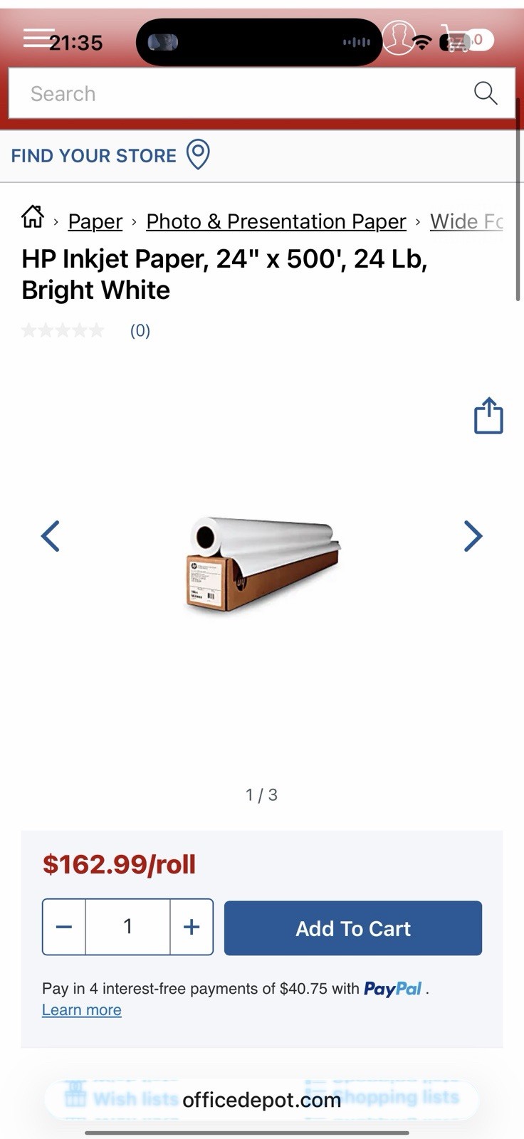 HP Bright White Inkjet Paper – White – 3-in Core – 24 Inches x 500 Feet L4Z44A