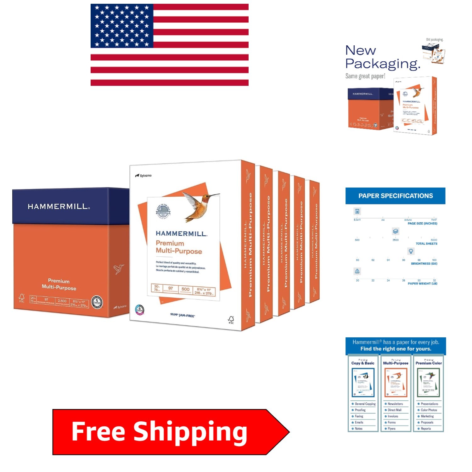 Bright White Copy Paper – 20lb, 2500 Sheets, Acid-Free, USA Made – 5 Ream Pack