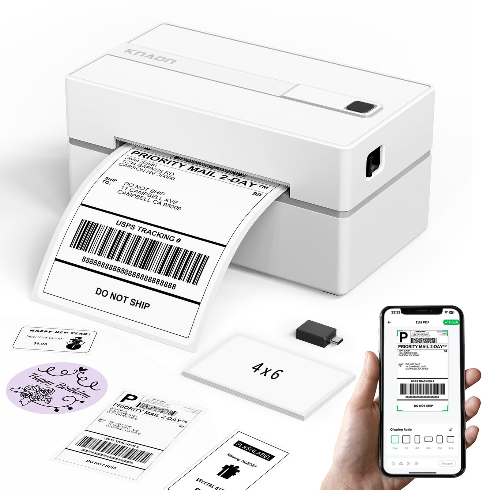 KNAON Bluetooth Thermal Shipping Label Printer, 4×6 Portable 4 inch, White