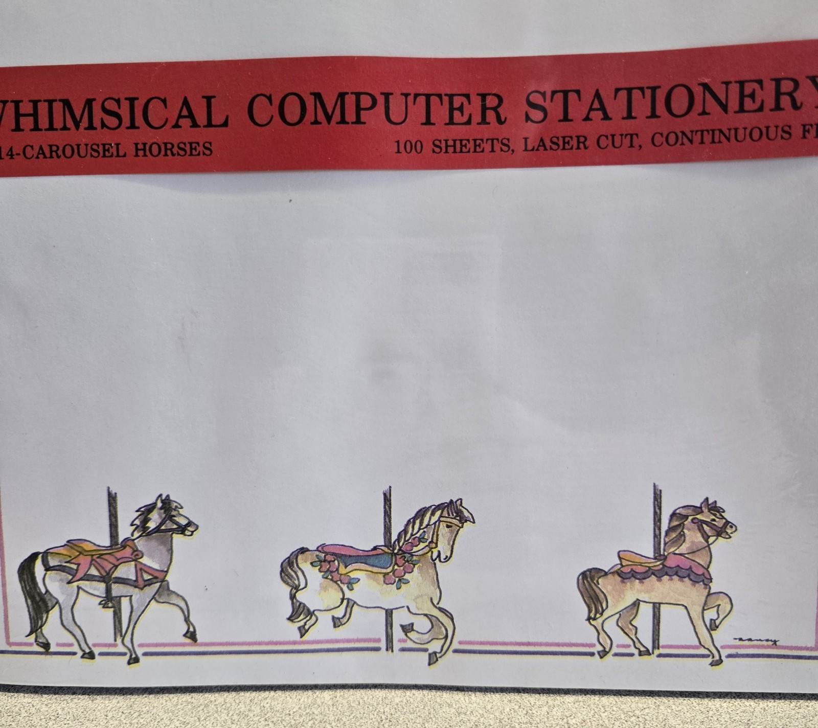 Carousel Horses Whimsical Computer Stationary 100 Sheets Laser Cut Pin Feed NEW