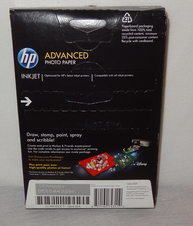 Unopened Disney HP Advanced 4 X 6 Glossy Photo Paper 100 Count Q2238A 2010