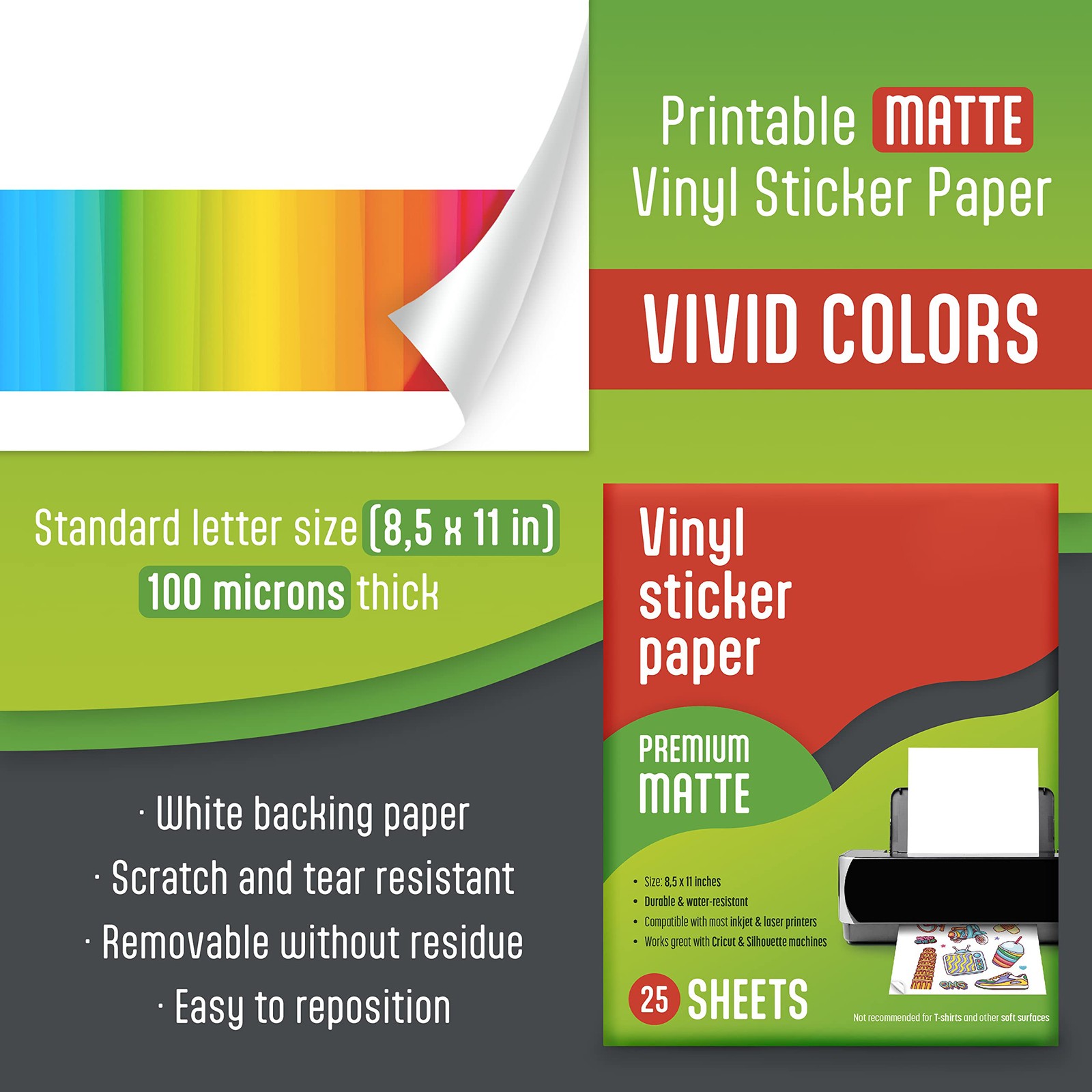 Quick Dry Vinyl Sticker Paper, 25 Sheets Matte White, Printer