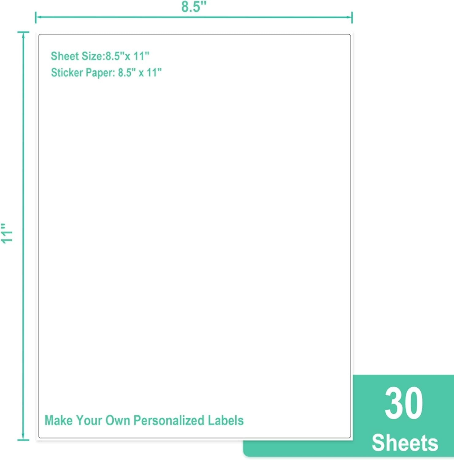 30 Sheets Printable Sticker Paper – White Matte Full Sheet Labels 8.5 x11 Inkjet