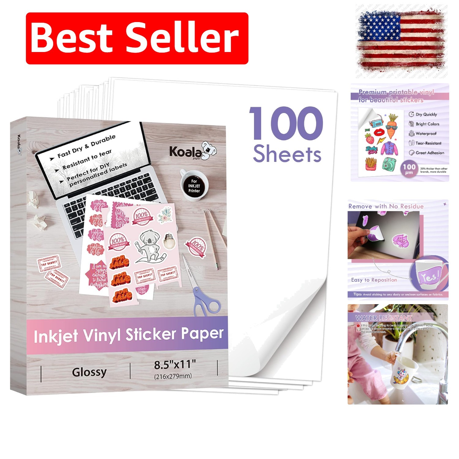 Koala Printable Vinyl Sticker Paper for Inkjet Printers – 100 Sheets Glossy W…