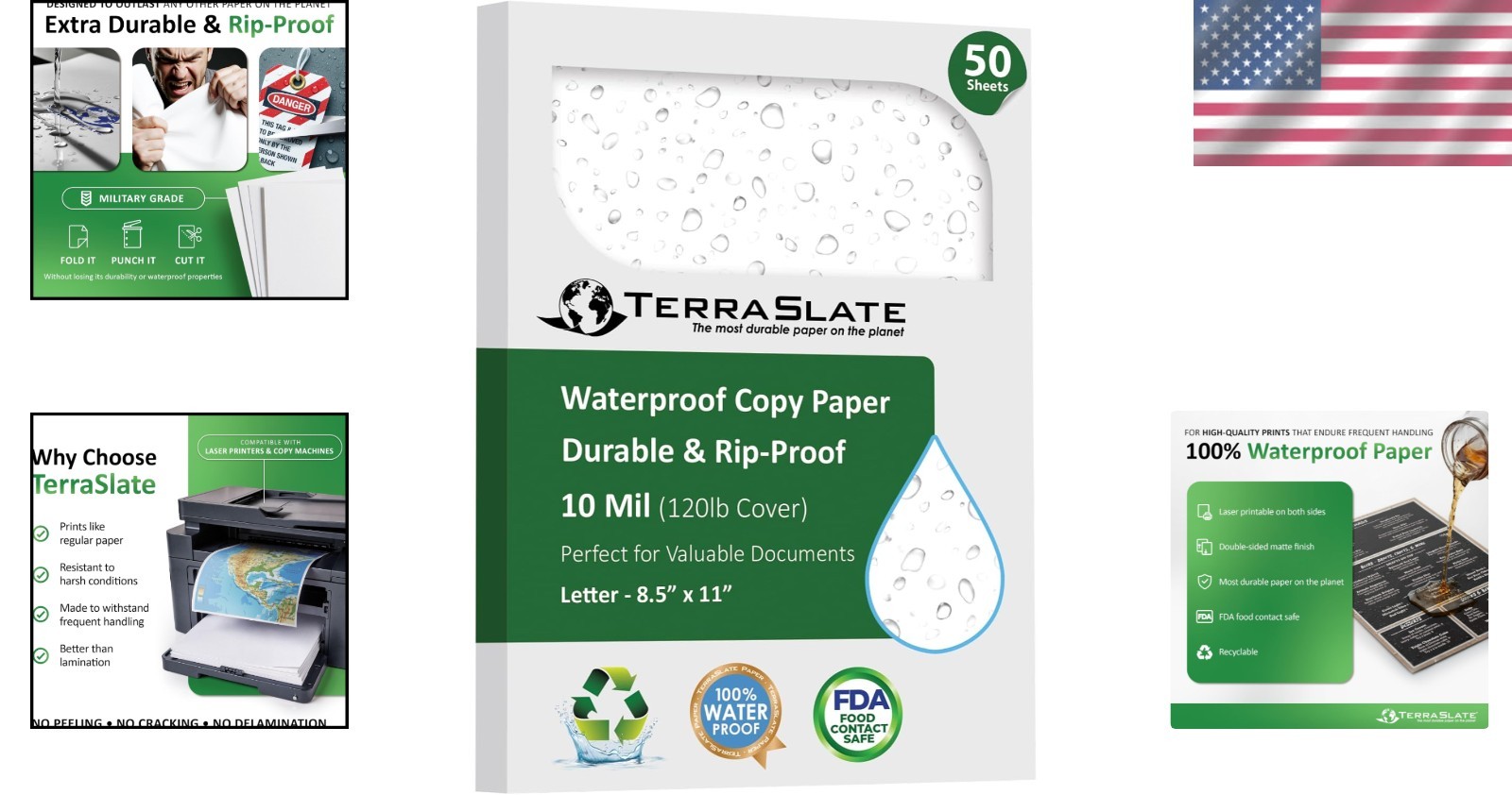 Bright White Waterproof Printer Paper 8.5×11, 50 Sheets, 10 MIL, Versatile Use