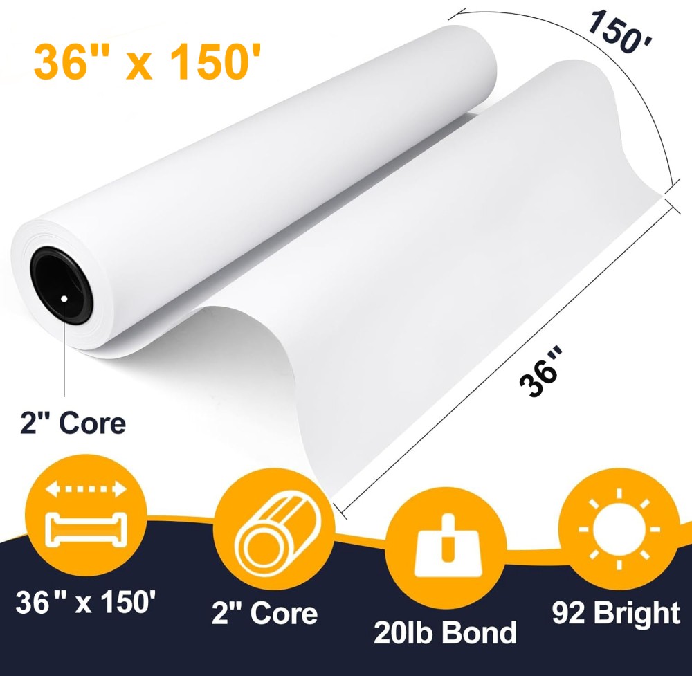 Plotter Paper Wide Format Paper 36″ x 150′ CAD Paper Rolls 20 lb Bond 2″ Core
