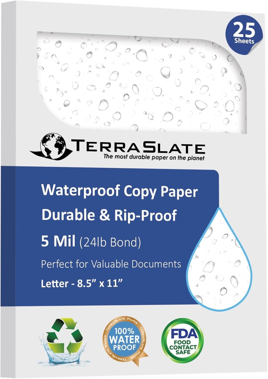 Durable Waterproof Paper for Laser Printers, 25 Sheets, Rip-Proof & Bright White