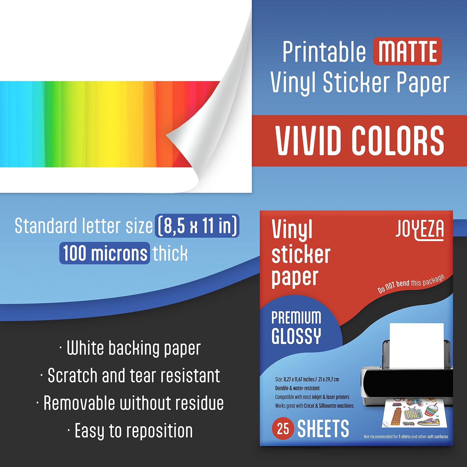 JOYEZA Premium Printable Vinyl Sticker Paper for Inkjet Printer – 25 White