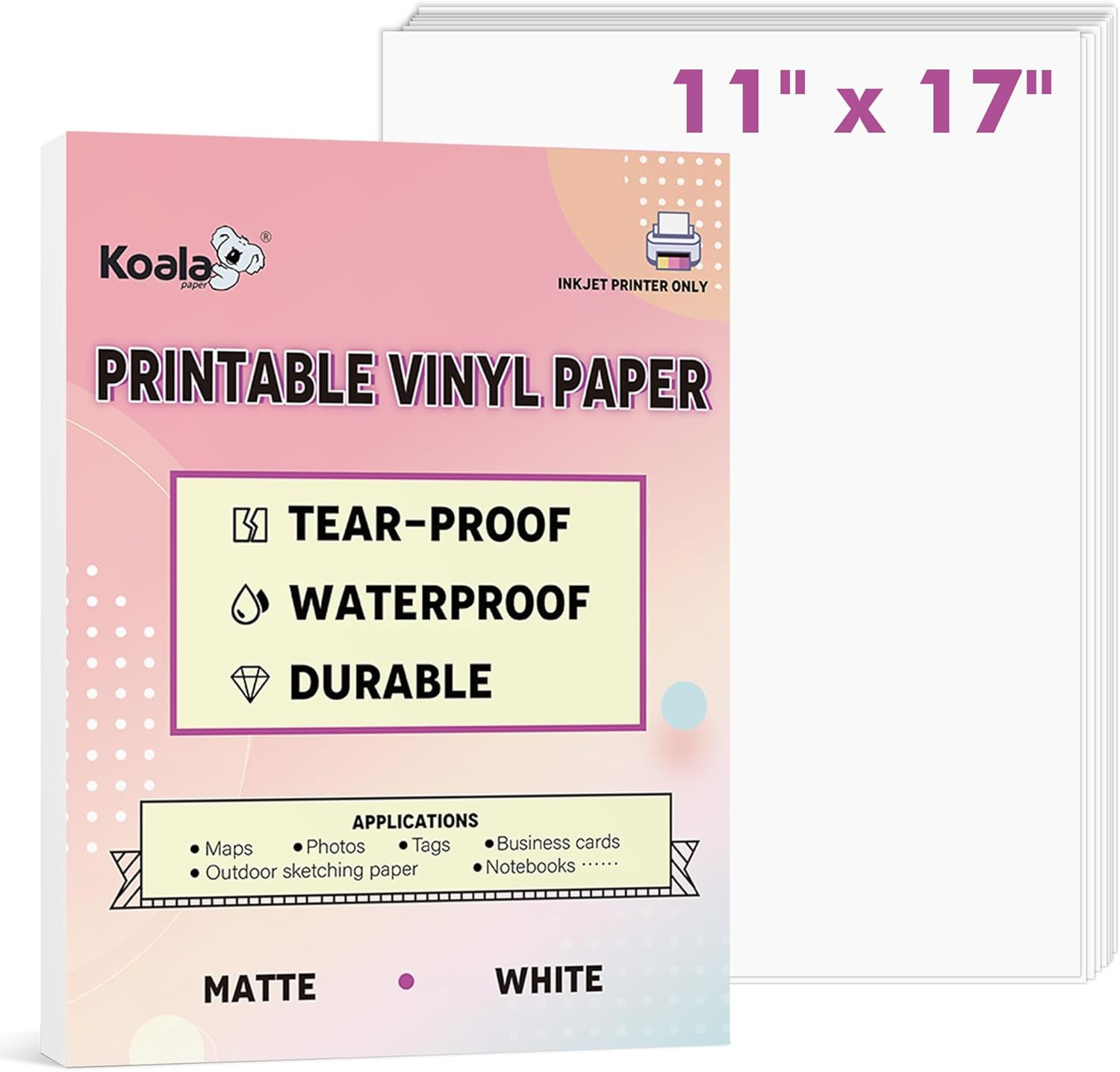 Printable Waterproof Paper for Inkjet Printer, 11×17 In 30 Sheets Matte White Vi
