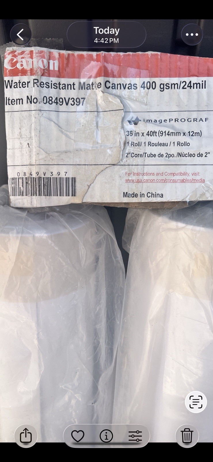 Wide Format Printer- Canon Fine Art – Qty 2 Matte Canvas -36″x 40′ Rolls $100