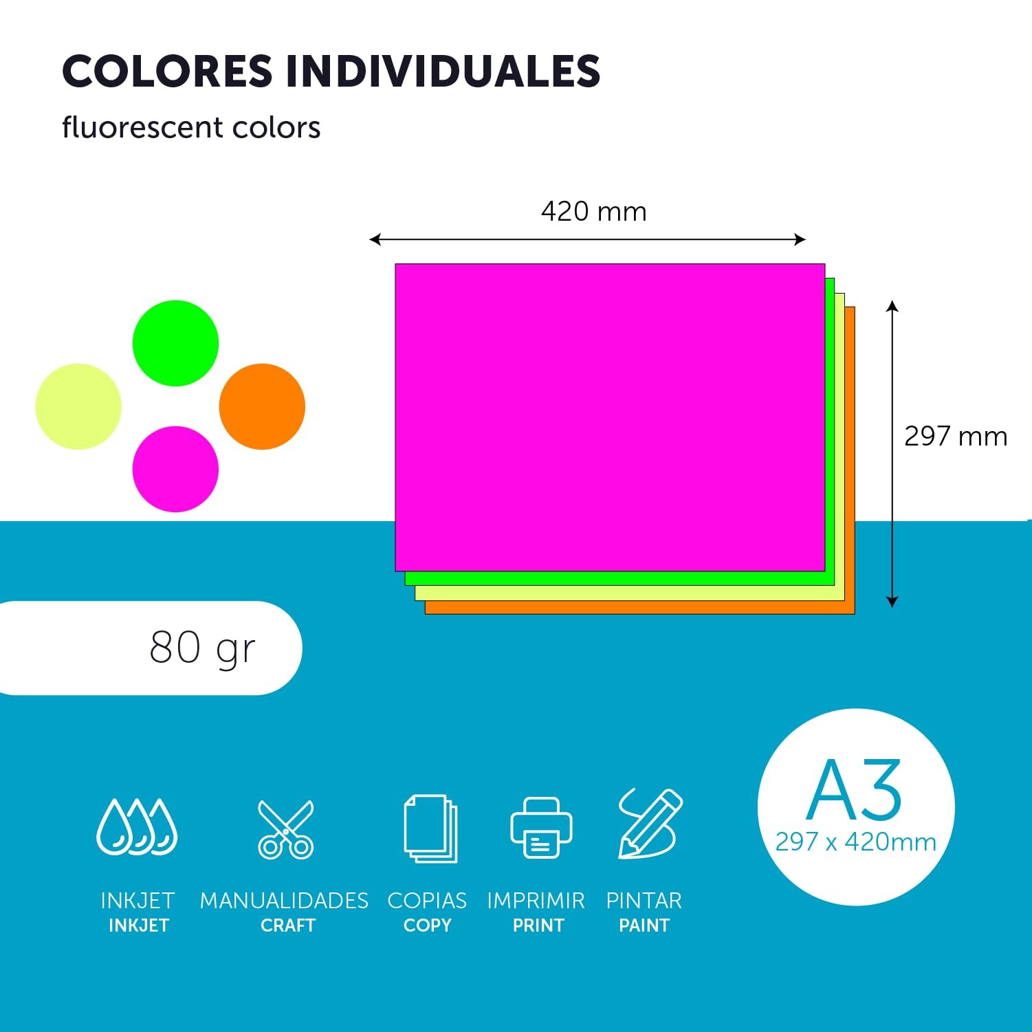 Colourful Paper A3 80g for Printers & Crafts, Coloured Sheets for Kids, Creat…