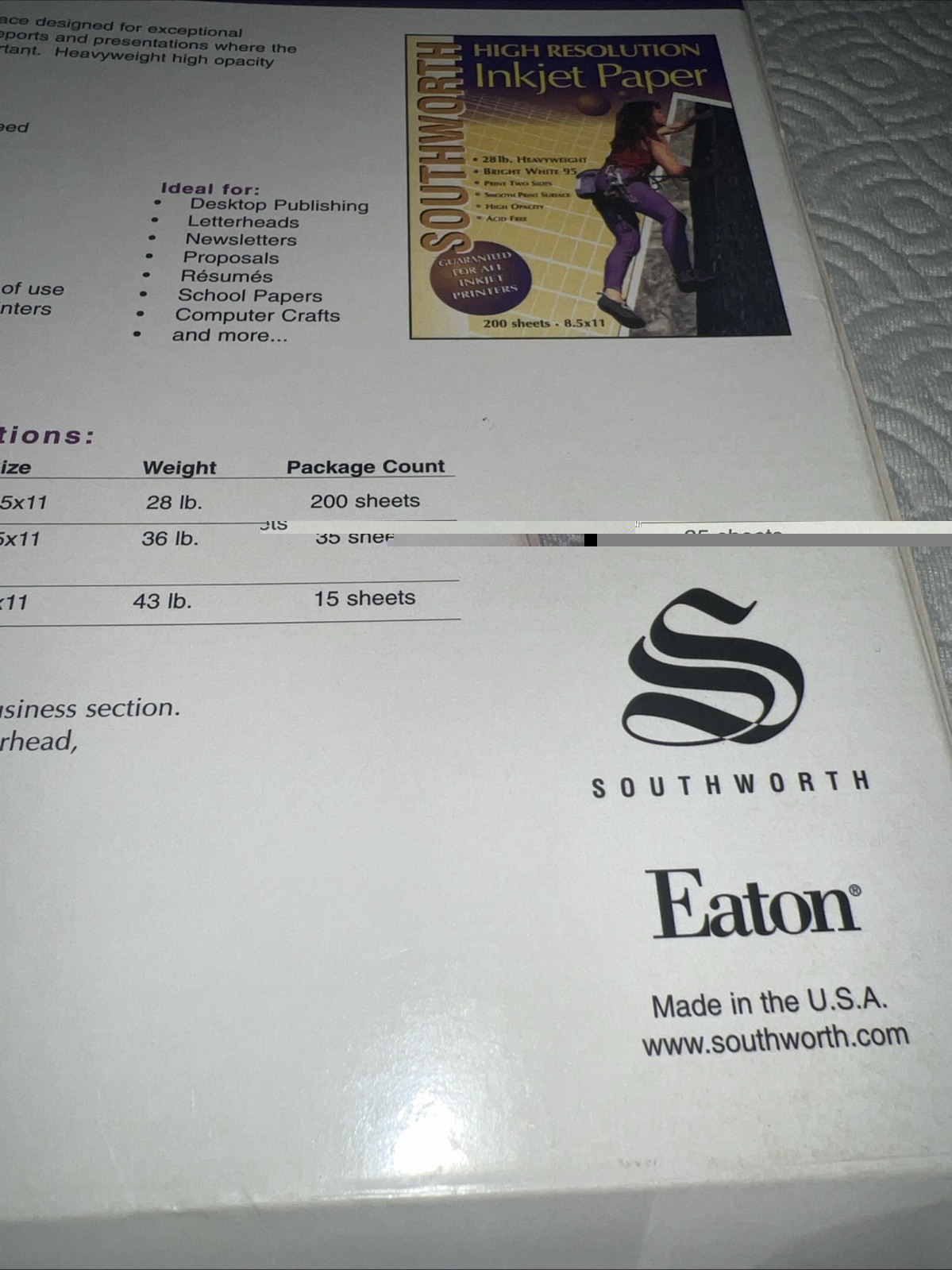 Southworth High Res Inkjet Paper 200 Sts 28 lb Hvywht Bright White 95 8.5 x 11