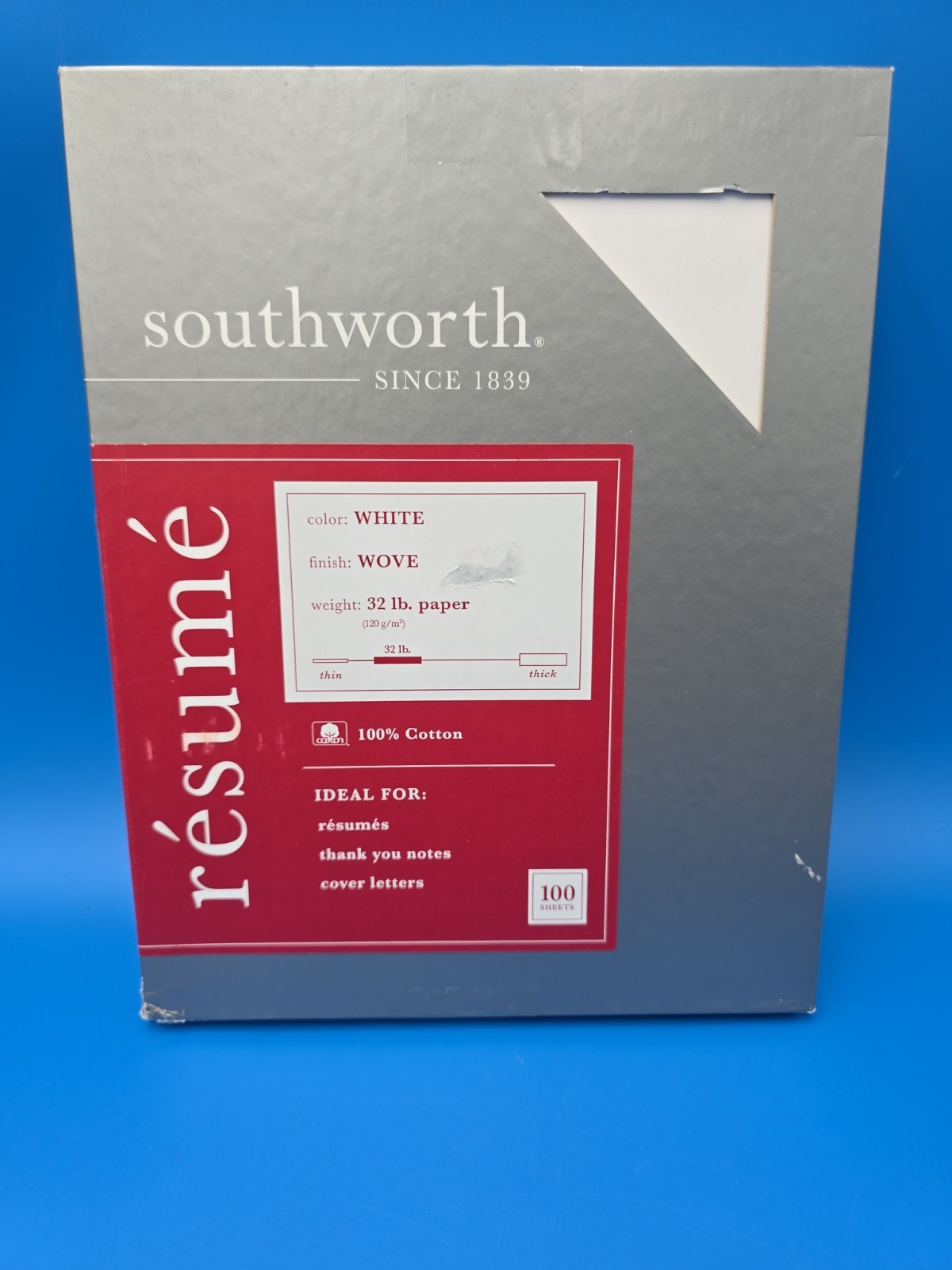 SOUTHWORTH 100 SHEETS 8.5×11 WHITE WOVE RESUME BOND PAPER 100%COTTON LASER USA