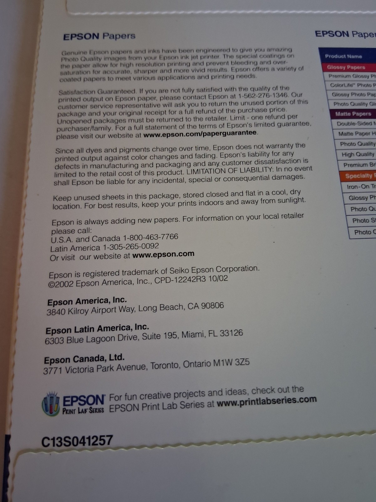 Epson Matte Paper Heavyweight Unopened 50 Sheets 8.5″x11″ 2002